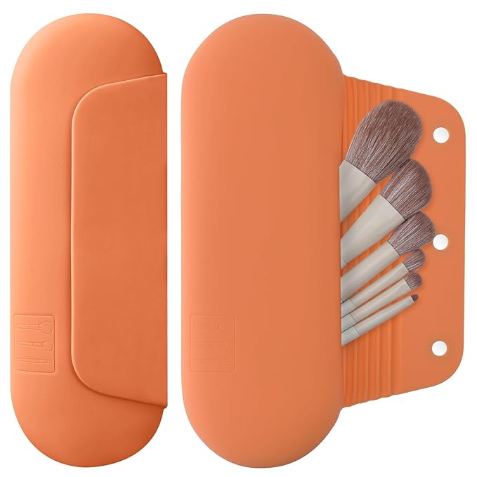 Silicone Makeup Brush Holder Travel Cosmetic Bag：Soft Portable Cosmetic Face Brushes Holder with Upgrade Anti-Fall Out Magnetic Closure, Large Travel Makeup Brush Case - Orange