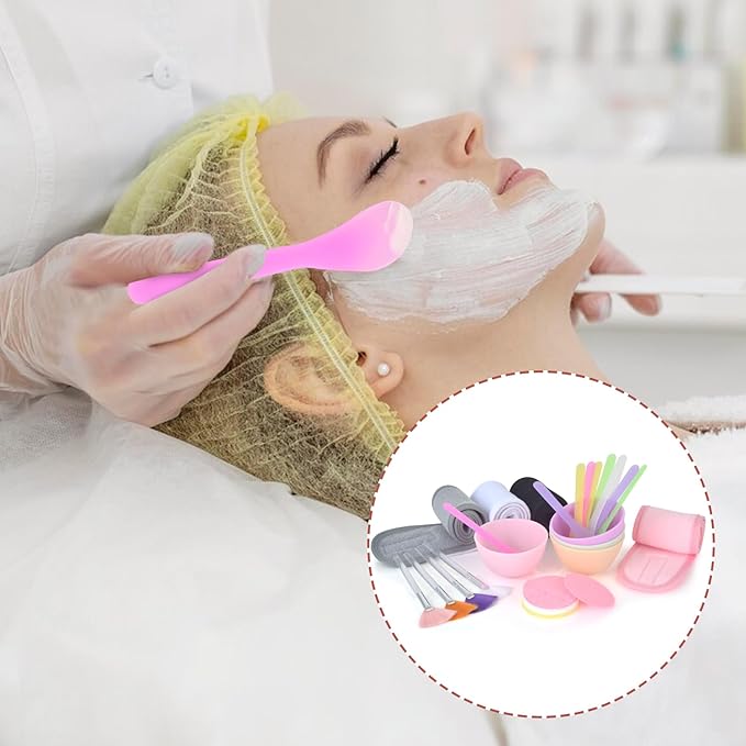 Esthetician Facial Supplies Set: 4 Silicone Bowls, 4 Headbands, 15 Compressed Sponges, 10 Spatulas, 4 Mask Fan Brushes