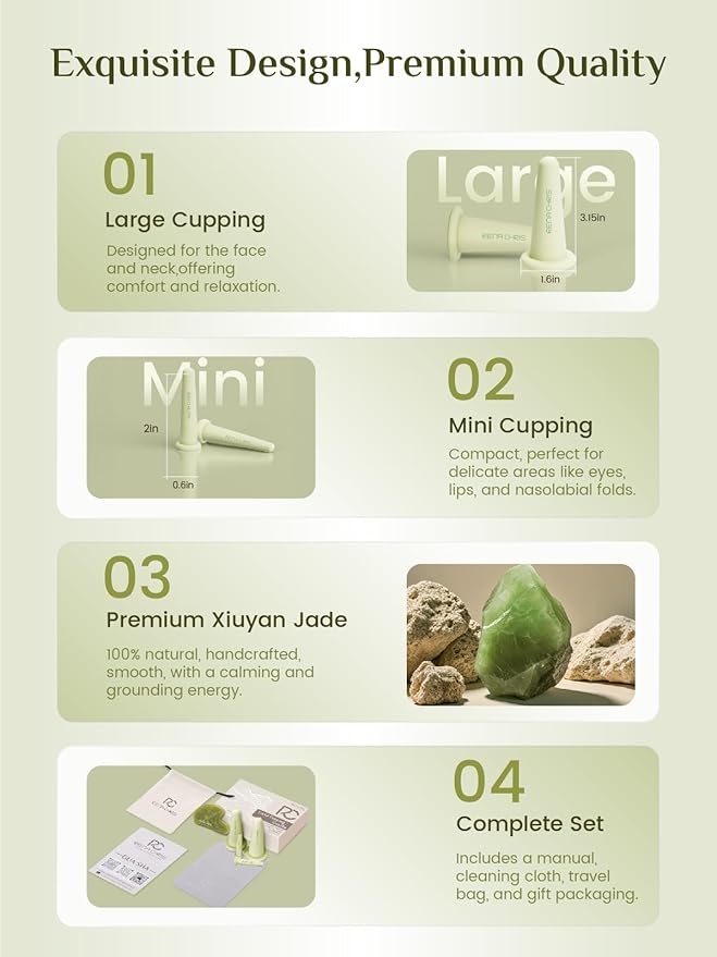 Rena Chris Facial Cupping Set & Gua Sha Facial Tool - Silicone Cupping Set & Jade Gua Sha Stone - Face Cupping Therapy Set for Natural Skin Care, Puffiness, Lip Plumping(Green)