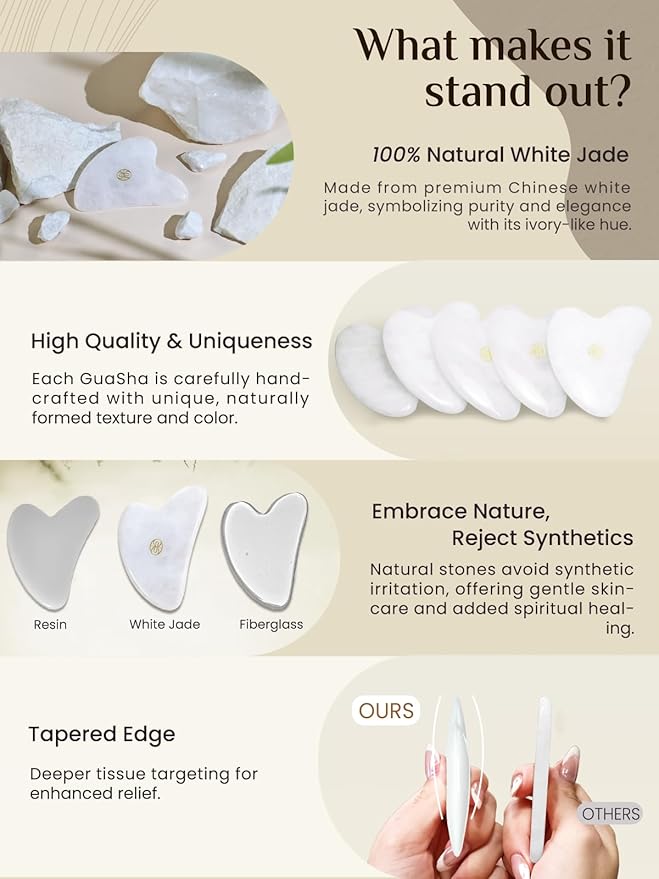 Rena Chris Gua Sha Facial Tools, Ergonomic White Jade Stone Guasha Tool for Face Massage, Manual Facial Massager Tool for Jawline Sculpting and Puffiness Reduction with Silicone Case (White)