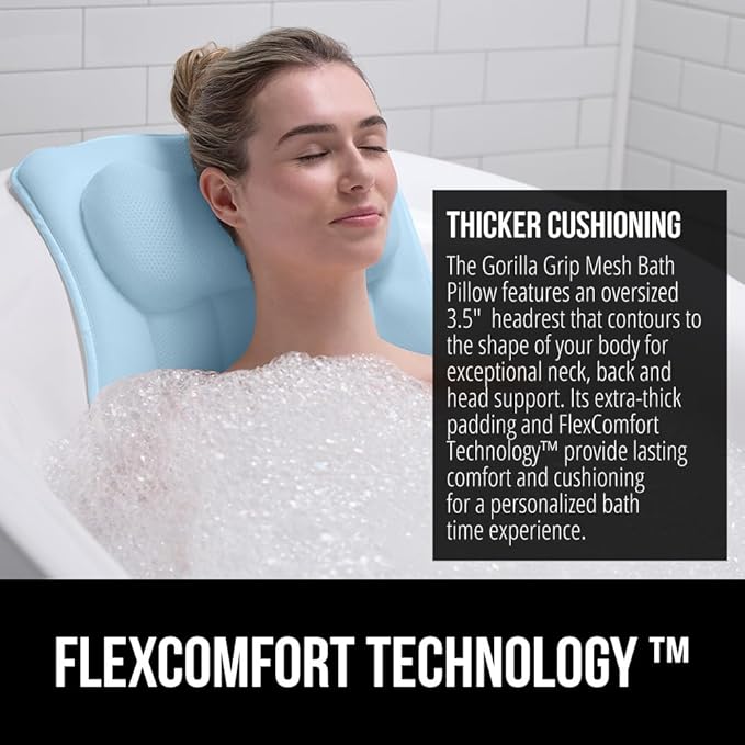 GORILLA GRIP Mesh Bath Pillow for Tub, 6 Powerful Suction Cups, Oversized Headrest with Breathable FlexComfort Technology for Neck, Head, Back Support, Luxury Machine Washable Bathtub Must Haves, Blue