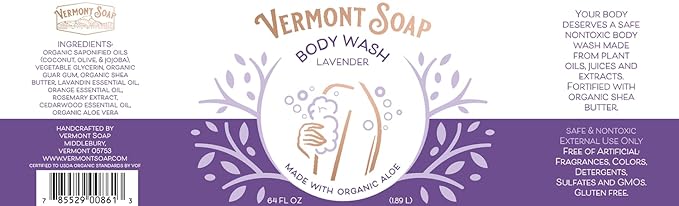 VERMONT SOAP Natural Body Wash with Shea Butter, Mild Gel Body Wash for Moisturizing and Soothing Skin, Fragrance Free Body Wash for Women & Men (Lavender, 64oz)