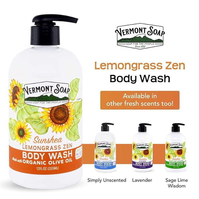 VERMONT SOAP Body Wash, Natural Body Wash with Shea Butter, Mild Gel Body Wash for Moisturizing and Soothing Skin, Fragrance Free Body Wash for Women & Men (Lemongrass Zen, 12oz)