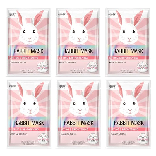 Epielle Animal Character Sheet Masks Rabbit 6 Pack, Lifting & Moisturizing Face Mask Skincare with Eggplant & Rosehip, Girls Spa Party Favors, Sleepover, Self Care Gifts for Women, Korean Skin Care