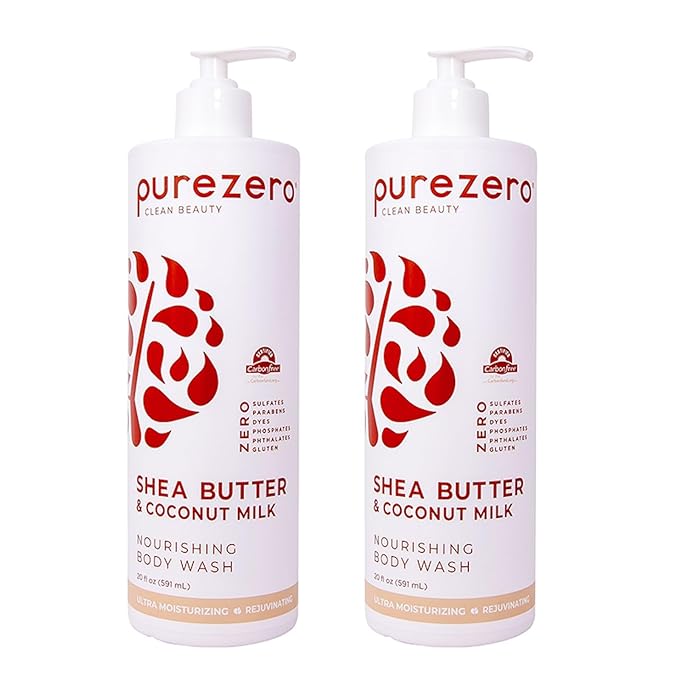 Purezero Shea Butter & Coconut Milk Body Wash, Leaves Skin Hydrated and Fresh, Maintain Elasticity and Smoothness, Zero Sulfates, Parabens, Dyes,100% Vegan & Cruelty-Free (20oz, 2 Pack)