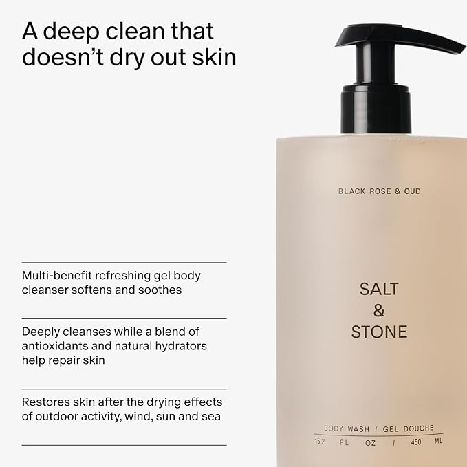 Salt & Stone Body Wash for Women & Men | Black Rose & Oud | Hydrating Gel Cleanser | Clean & Soften Skin | Made with Niacinamide & Hyaluronic Acid | Free From Parabens, Sulfates & Pthalates 15.2 fl oz