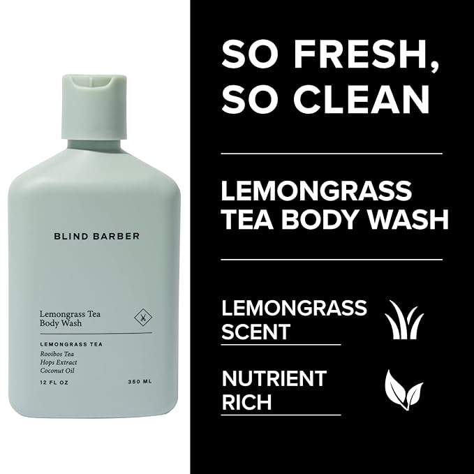 Blind Barber Lemongrass Tea Body Wash for Men - Sulfate-Free Body Soap with Lemongrass Scent - Leaves Skin Clean & Hydrated - Paraben-Free & Cruelty-Free, No Artificial Dyes (12 Fl oz)