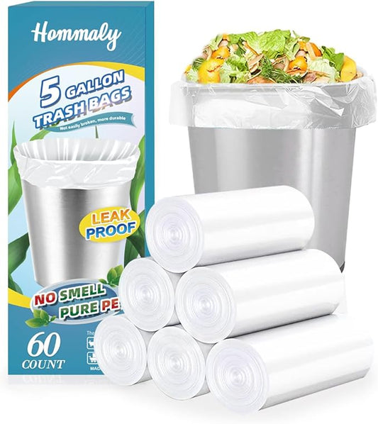 5 Gallon 60pcs (Fit 4.5-5.3 Gal) Small Clear Trash Bags Strong Garbage Bags, 18-20 Liter Bathroom Trash Can Bin Liners, Unscented Plastic Bags for Office, Waste Basket Liner, 4.5,5Gal-Clear