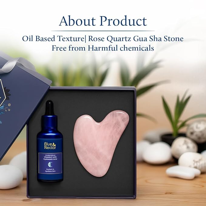 Blue Nectar Vitamin C Serum for Oily Skin & Dry Skin with Gua Sha | Plant-Based Face for Glowing Skin & Pigmentation | Hyaluronic Acid Serum for Women & Men (9 Herbs, 1 Fl Oz)