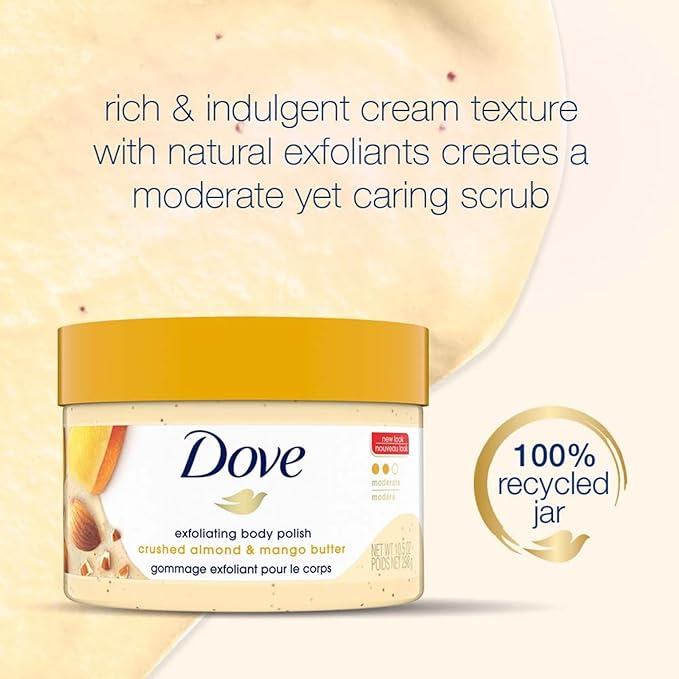 Dove Scrub Crushed Almond & Mango Butter For Silky Smooth Skin Body Scrub Exfoliates & Restores Skin's Natural Nutrients 10.5 oz