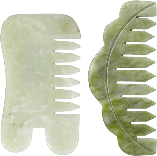 Geiserailie 2 Pieces Jade Combs Massage Stone Hair Gua Sha Scraping Scalp Comb Facial Massage Tool Multifunctional Handheld Head Tools Head Caring Therapy Mother's Day Gift(Chic Style)