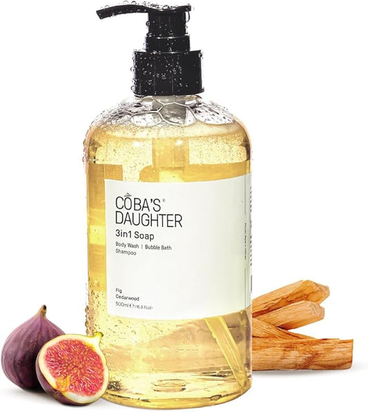 COBA'S DAUGHTER | 3in1 Bubble Bath, Body Wash & Hand Wash for Men and Women | Nourishing Fig & Cedarwood Scent Liquid Soap with Inulin & Seaweed Extract | Cleanses, Softens & Conditions Skin (16.9oz)