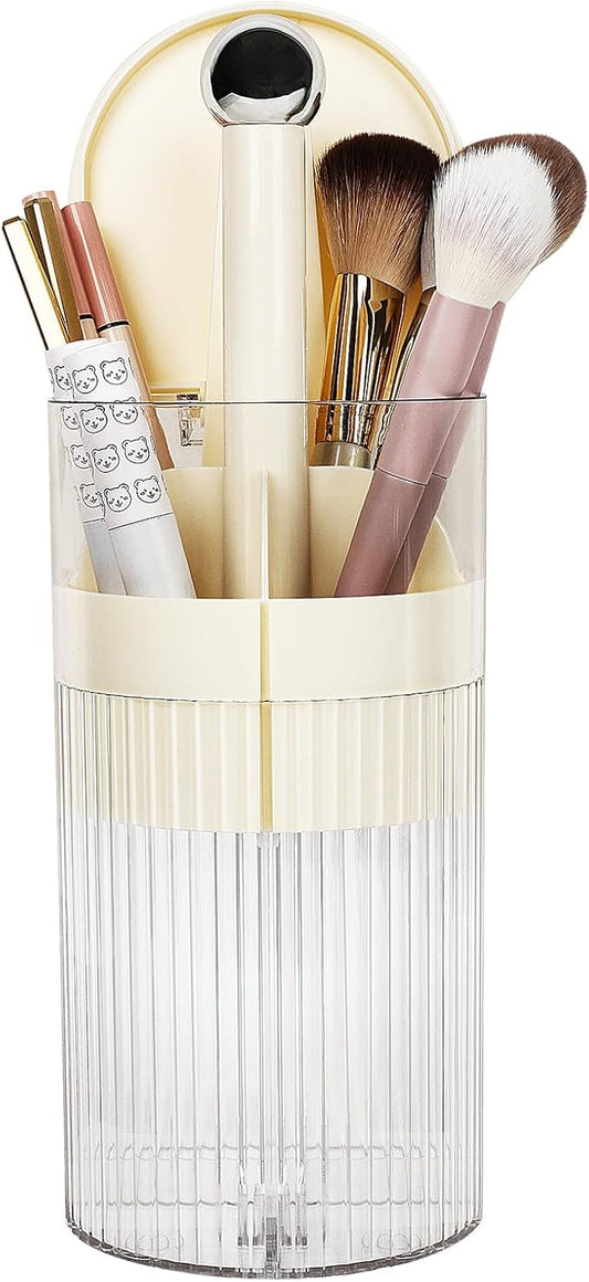JessLab One-Touch Pop-Up Makeup Brush Organizer with Lid, Dustproof Cosmetic Brush Holder, 4-Compartment Large Capacity for Vanity, Bathroom Countertop, White