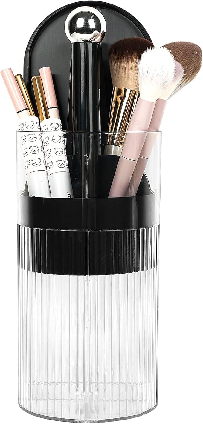 JessLab One-Touch Pop-Up Makeup Brush Organizer with Lid, Dustproof Cosmetic Brush Holder, 4-Compartment Large Capacity for Vanity, Bathroom Countertop, Black