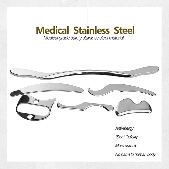 Stainless Steel Gua Sha Scraping Massage Tool Set IASTM Tools Great Soft Tissue Mobilization Tool (6 Set)