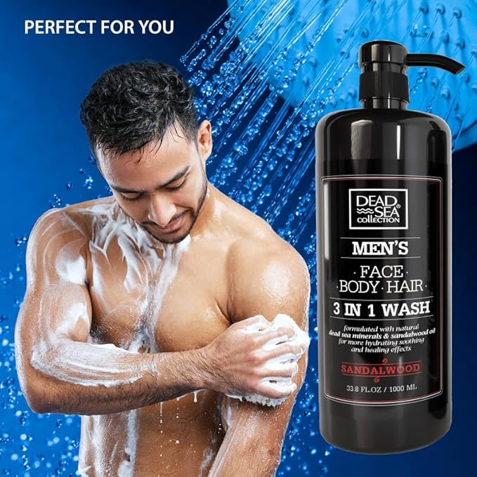 Dead Sea Collection Mens Body Wash 3 in 1 – Sandalwood Body Wash for Men – Shower Gel – Shampoo – Shower Soap for Face and Hair – Pack of 2 Bottles (33.8 Fl. Oz. Each)