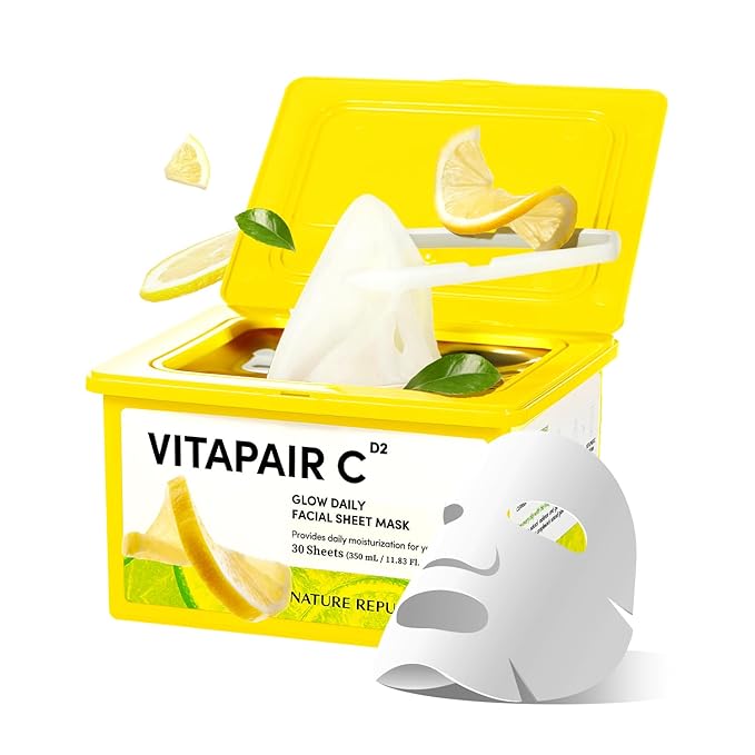Nature Republic Vitapair C Glow Face Mask (30 vegan sheets) Niacinamide & Centella Asiatica Extract Bulk Facial spa Mask for Moisturizing & Hydrating Glow, korean beauty skin care for all skin types