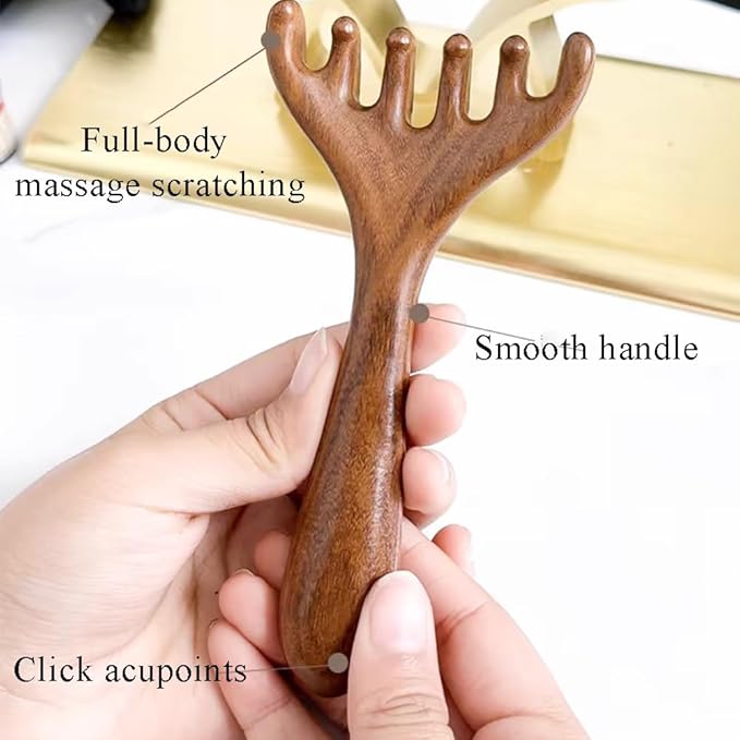Natural Wooden Gua Sha Tool,Wooden Gua Sha Scraping Massage Tool,Long Handle Sandalwood Six Claw Antler Massager,1 Pieces