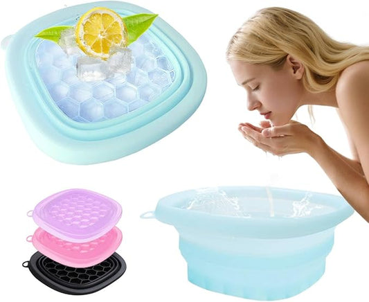 Face Bowl for Ice with Built-in IceTray,Collapsible Silicone Face Ice Bowl – Cold Plunge Therapy for Skin Tightening & Facial Treatment– Portable Spa Tool for Home & Travel（Blue)