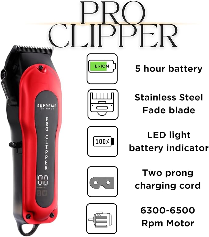 Supreme Trimmer Pro Clipper All Metal w/Fade Blade | 300 Min Run Time Professional Clipper Set, Cordless Beard Trimmer | STC5030 Red