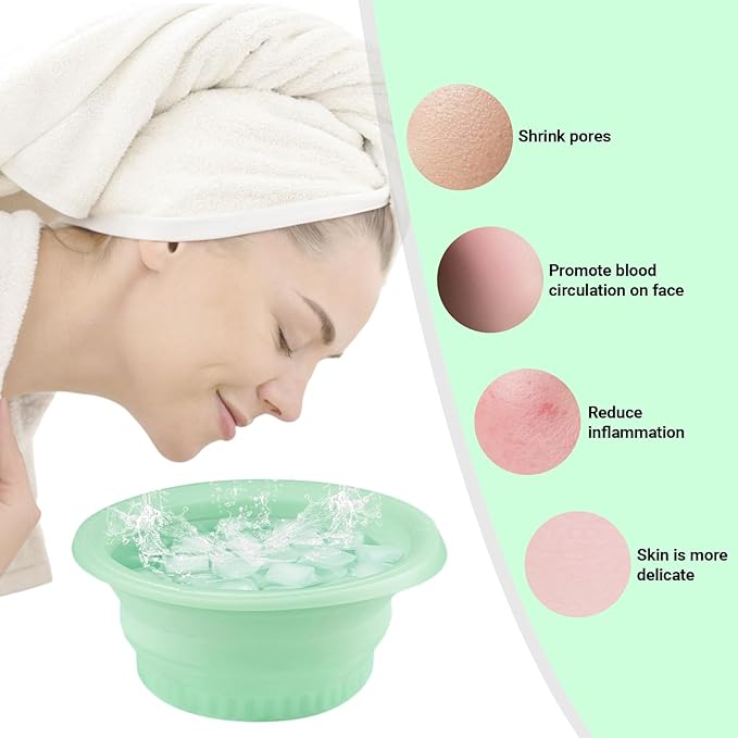 Face Bowl for Ice with Built-in Icetray,Portable Foldable Silicone Face Ice Bath Bowl,Ice Bath Facial Plunge Bowl for Skin Tightening & Acne Relief,Green