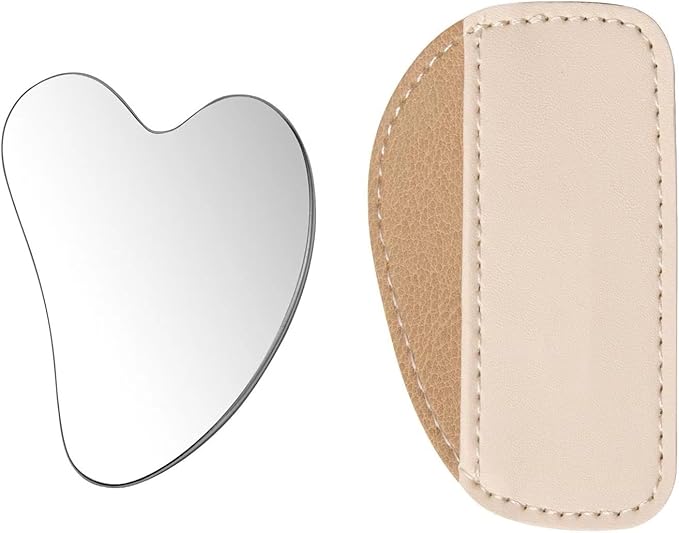 Stainless Steel Gua Sha Facial Tools Set, Metal Guasha Tool for Face and Body Massage（Scraping Board+Leather Cover）