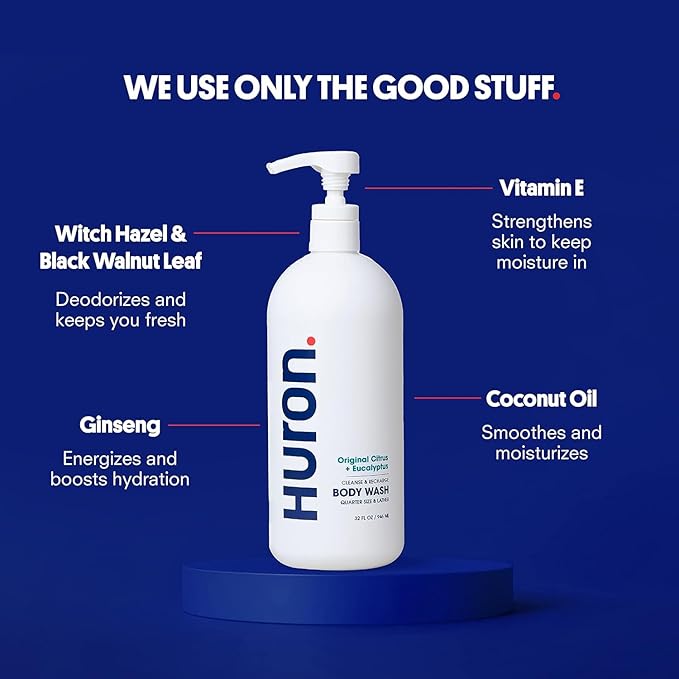 Huron Jumbo Shower Kit - Shampoo, Conditioner, & Body Wash For Men - Citrus + Eucalyptus Scent - Hydrating & Nourishing Men’s Shampoo & Conditioner (30.3 Oz Each)