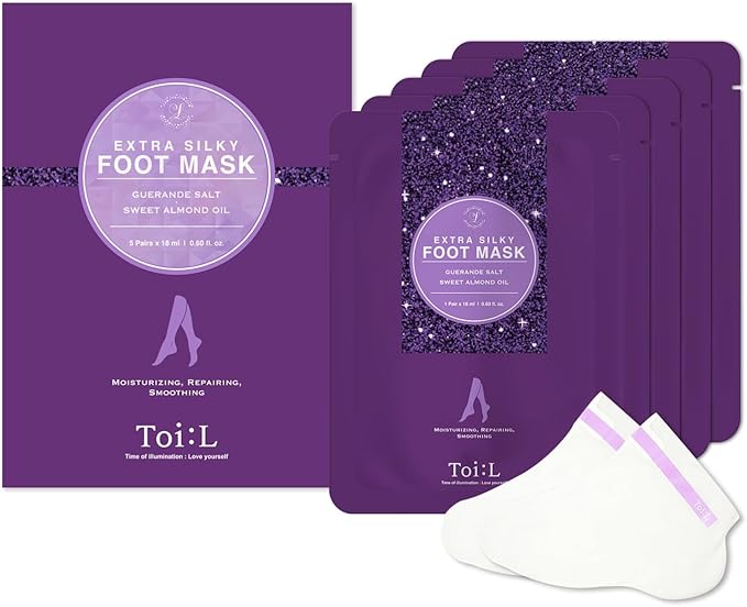 Toi:L Extra Silky Foot Mask 5 Pairs, Post-Peeling Foot Care Treatment, Moisturizing Socks with Guerande Salt & Sweet Almond Oil for Dry Feet, Cracked Heels, and Callus