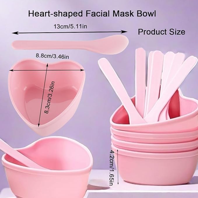 10 Sets Plastic Heart Shaped Facial Mask Mixing Bowl, Pink Facemask Bowl DIY Skin Care Mixing Tool Kit with Spatulas for Mud Masks, Home Salon, and Beauty Salon Use, Face Mask Applicator Tool(10Pcs)