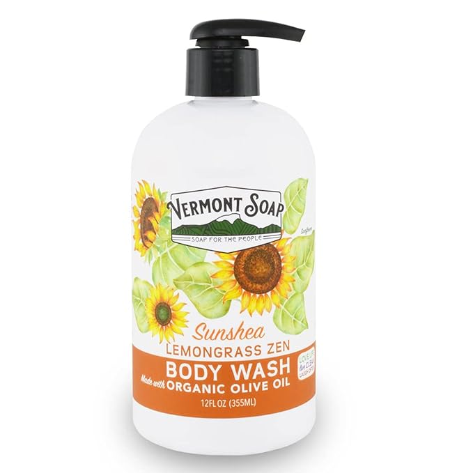 VERMONT SOAP Body Wash, Natural Body Wash with Shea Butter, Mild Gel Body Wash for Moisturizing and Soothing Skin, Fragrance Free Body Wash for Women & Men (Lemongrass Zen, 12oz)