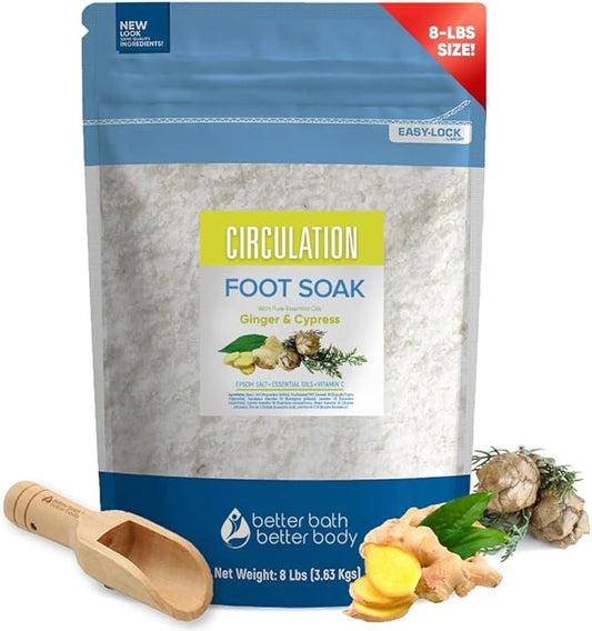 Circulation Foot Soak 128oz (8 Lbs) Epsom Salt Home Spa Soothing Soaks with Natural Ginger and Cypress Essential Oils Plus Vitamin C in BPA Free Pouch with Easy Press Lock Seal Made in USA