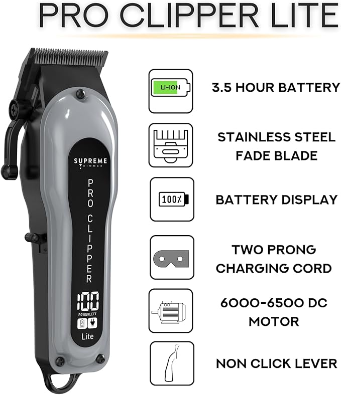 Supreme Trimmer Pro Clipper Lite | 210 Min Run Time Professional Hair Cutting Tool Set + Hair Comb, Scissors & Fade Blade | STC5000