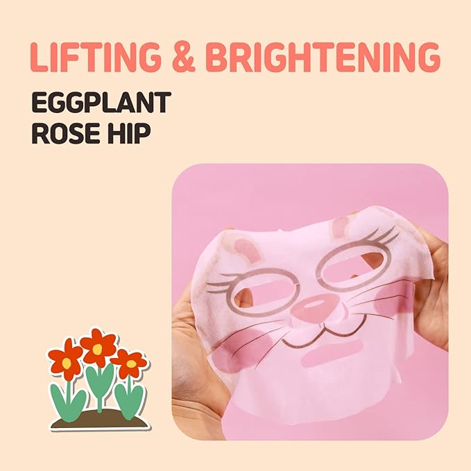 Epielle Animal Character Sheet Masks Rabbit 6 Pack, Lifting & Moisturizing Face Mask Skincare with Eggplant & Rosehip, Girls Spa Party Favors, Sleepover, Self Care Gifts for Women, Korean Skin Care