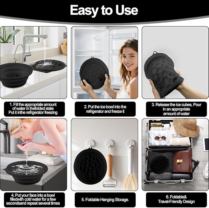 Face Bowl for Ice with Built-In Icetray, Facial Plunge Bowl with Face Wash Headband Wristband Set and Face Mask Brush Applicator, Silicone Ice Facial Foldable Washbasin,Ice Bath for Face (Black)