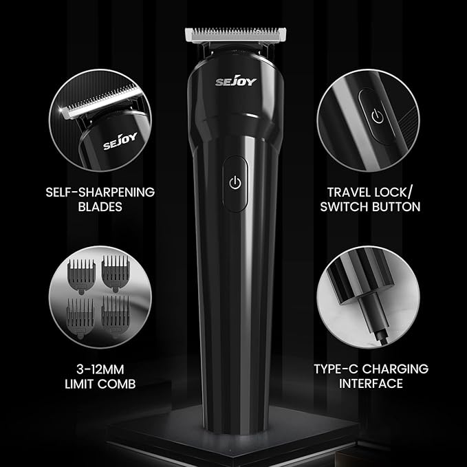 Sejoy Body Hair Trimmer Clipper for Men, Cordless Barber Clippers, Electric Hair Trimmer, Beard Trimmer with Travel Lock, Waterproof, 90 Min Battery Life, USB Rechargeable, Black
