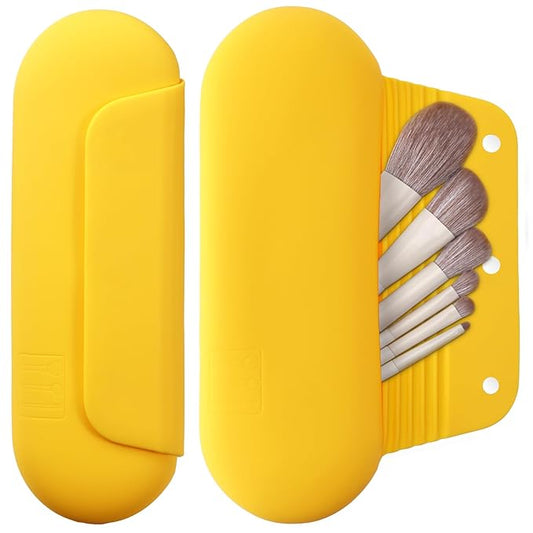 Silicone Makeup Brush Holder Travel Cosmetic Bag：Soft Portable Cosmetic Face Brushes Holder with Upgrade Anti-Fall Out Magnetic Closure, Large Travel Makeup Brush Case - Yellow