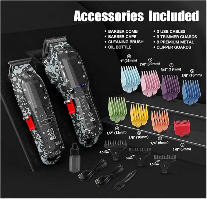 Professional Hair Clippers for Men, Cordless Barber kit for Hair Cutting & Grooming, Black Hair Clippers and Trimmer Set for Barber Haircut with LED Display, 8 Fade Taper Combs
