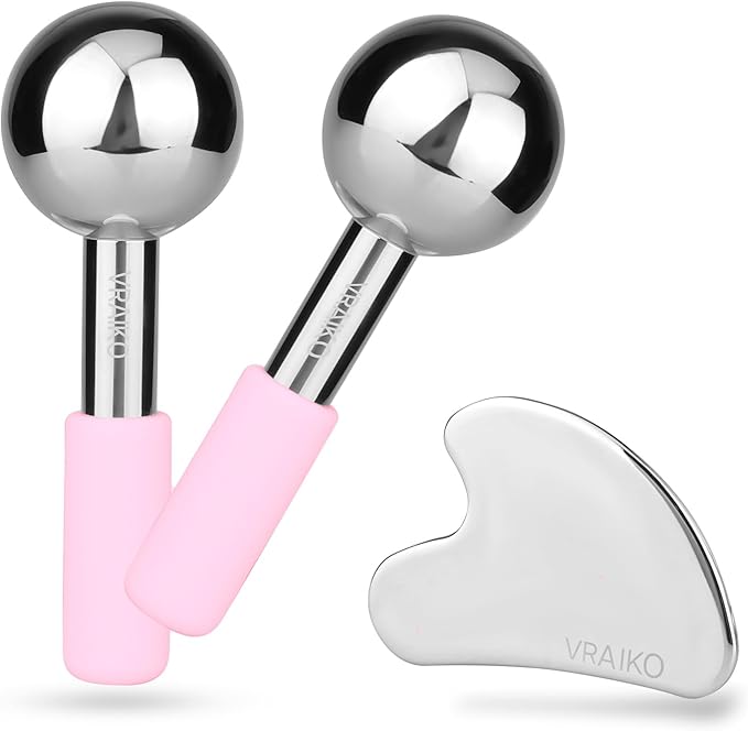 ICE Globes for Facials & Gua Sha Set, Gua Sha Facial Tools and Cryo Sticks with Unbreakable Steel, Face Massager Cooling Rollers for Dark Circles, Puffiness and Lymphatic Drainage (Pink)