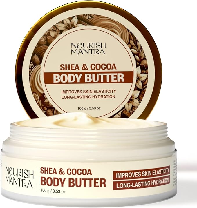 NOURISH MANTRA Shea & Cocoa Body Butter | Creamy Moisturizer for Long-Lasting Moisture & Soft Skin | Infused with Shea Butter & Cocoa Butter | Suits All Skin Types | For Women & Men | 100 g