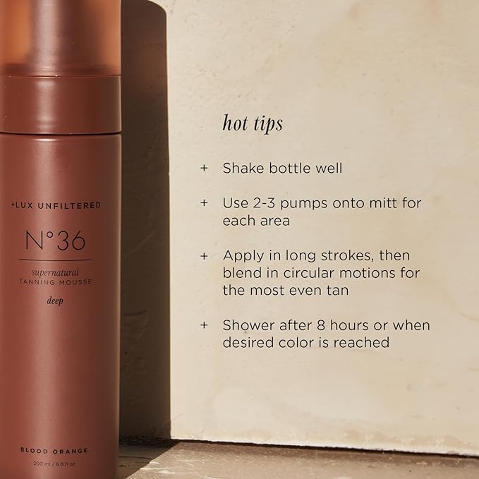 '+ Lux Unfiltered N°36 DEEP Supernatural Tanning Mousse Foam in Blood Orange, Quick + Immediate Sunless Fake Tan, Self Tanner