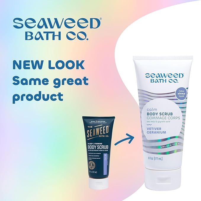 Seaweed Bath Co. Calm Body Scrub, Vetiver Geranium Scent, 6 Ounce, Sustainably Harvested Seaweed, Sea Kelp, Glycolic Acid