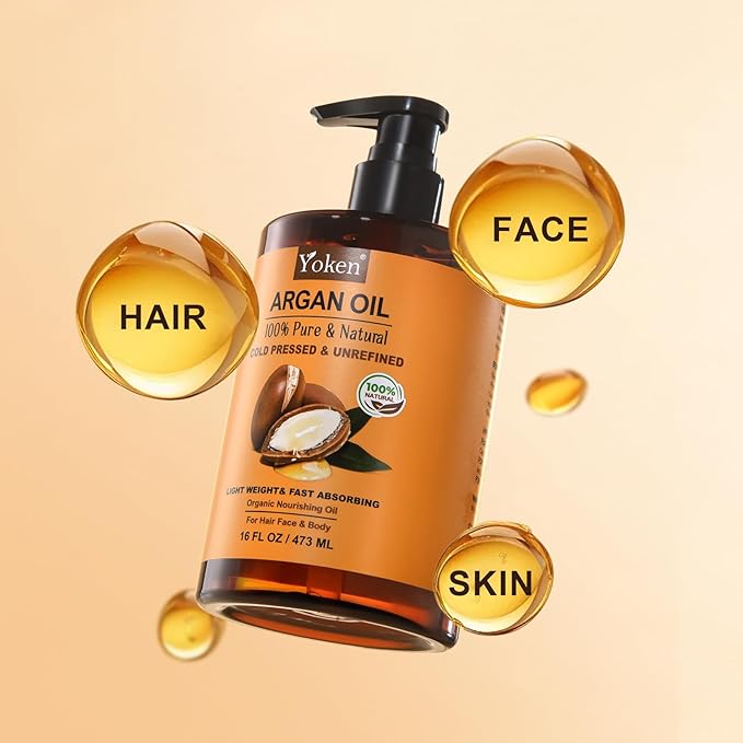 Yoken Argan Oil for Hair, Pure and Natural Morocco Argan Oil, Argon Oil For Hair, Scalp, Face & Skin Care, 100% Cold Pressed Hair Conditioner, Unrefined Argon Nails Carrier Oil (16 Fl Oz)