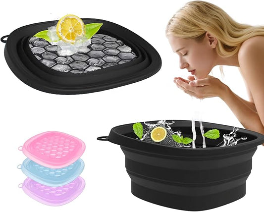 Face Bowl for Ice with Built-in IceTray,Collapsible Silicone Face Ice Bowl – Cold Plunge Therapy for Skin Tightening & Facial Treatment– Portable Spa Tool for Home & Travel（Black)