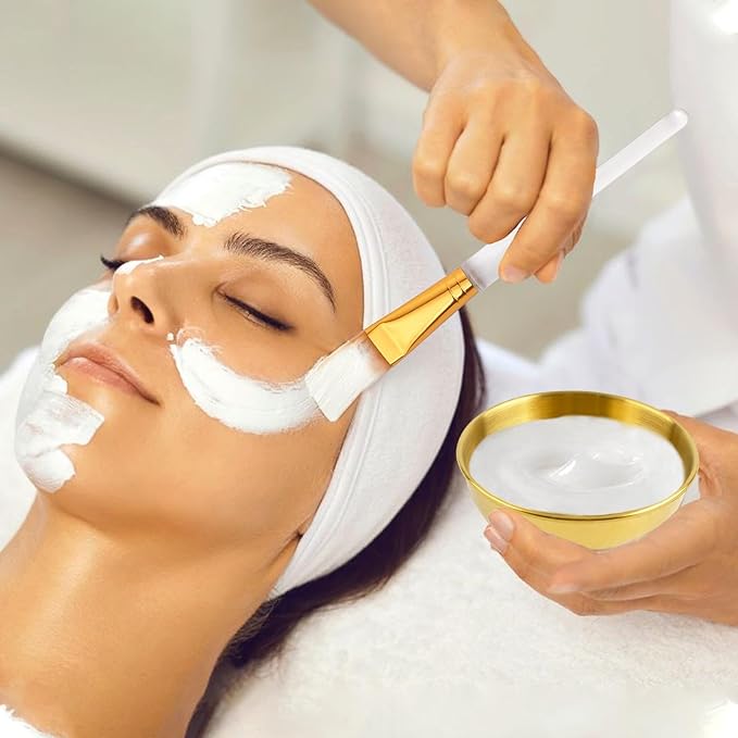 24Pcs Esthetician Supplies for Facials Set, Including 8 Gold Stainless Steel Facial Mixing Bowls, 8 Fan Mask Brushes & 8 Flat Brushes, Face Mask Cosmetic Applicators Kit for Spa Home Use