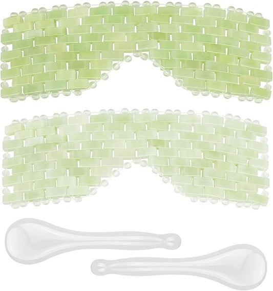 4 Pcs Jade Eye Mask & Skin-Safe Glass Facial Massage Tool, Jade Cooling Mask & Gua Sha Therapy Roller for Skincare Relieve Puffiness, Anti-Aging, Stress Relief