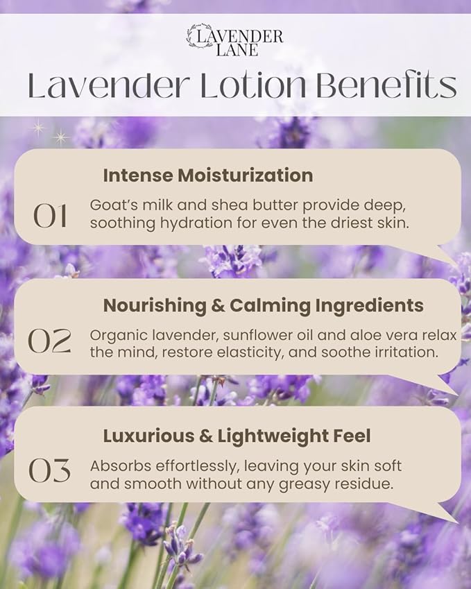 LAVENDER LANE Lavender Goat's Milk Hand & Body Lotion, 9 oz - USA Lavender Farm, Free Sachet Included, Organic Shea Butter, Organic Sunflower Oil.