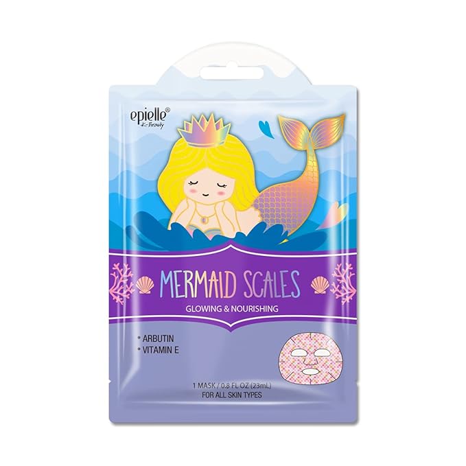 Epielle Animal Character Sheet Masks Mermaid Scales 6 Pack, Glowing & Nourishing Face Mask Skincare Set with Arbutin, Girls Spa Party Favors, Sleepover, Self Care Gifts for Women, Korean Skin Care