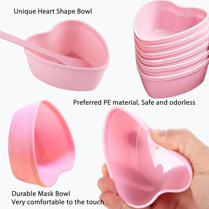 10 Sets Plastic Heart Shaped Facial Mask Mixing Bowl, Pink Facemask Bowl DIY Skin Care Mixing Tool Kit with Spatulas for Mud Masks, Home Salon, and Beauty Salon Use, Face Mask Applicator Tool(10Pcs)