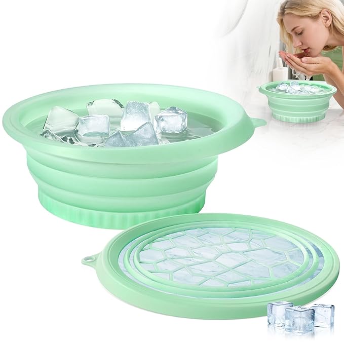 Face Bowl for Ice with Built-in Ice Tray – Collapsible Silicone Facial Ice Bath Bowl for Cold Plunge Therapy, Skin Tightening & Acne Relief – Portable Spa Tool for Home & Travel（Green