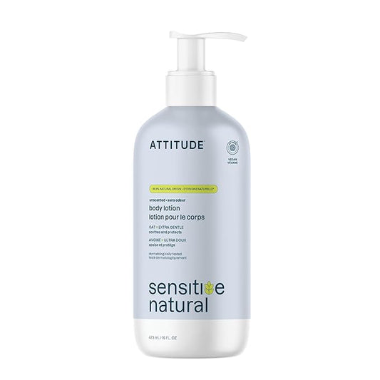 ATTITUDE Body Lotion for Sensitive Skin with Oat, EWG Verified, Dermatologically Tested, Vegan, Extra Gentle, Unscented, 16 Fl Oz